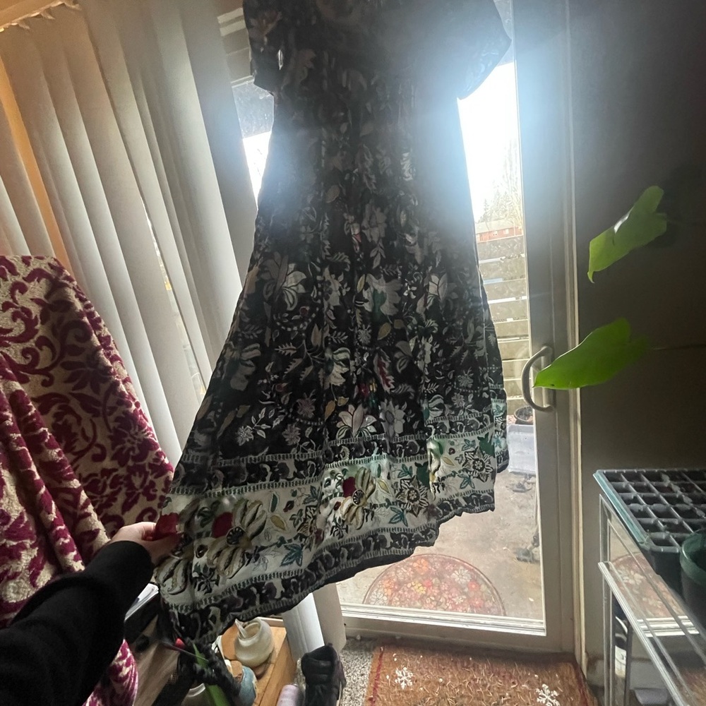 Only Necessities Black Floral Mini Dress with White and Green Trim